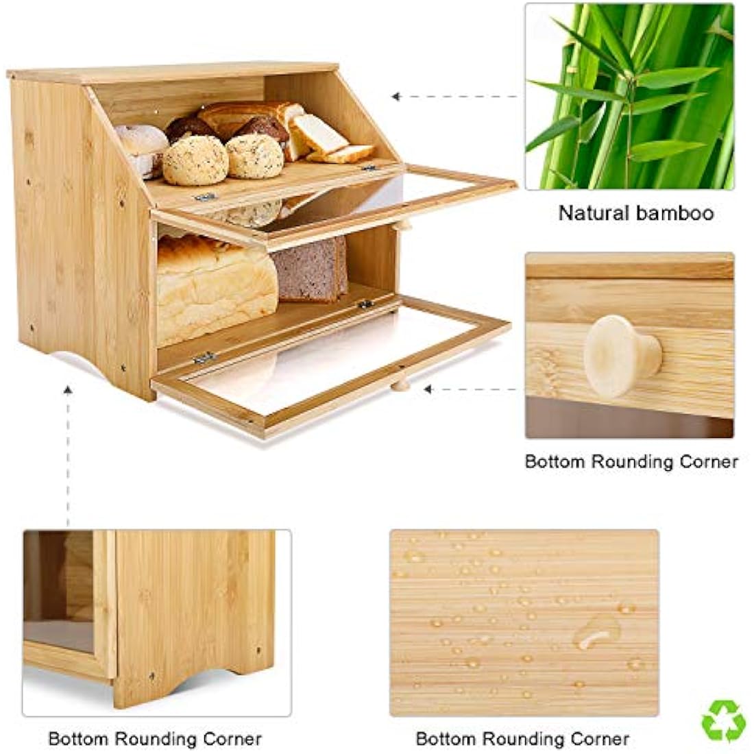 Leader Accessories Double Decker Bamboo Bread Bin 2-Layer Bread Box Large Capacity Bread Storage for Kitchen 15.3"x9.8"x12.6"