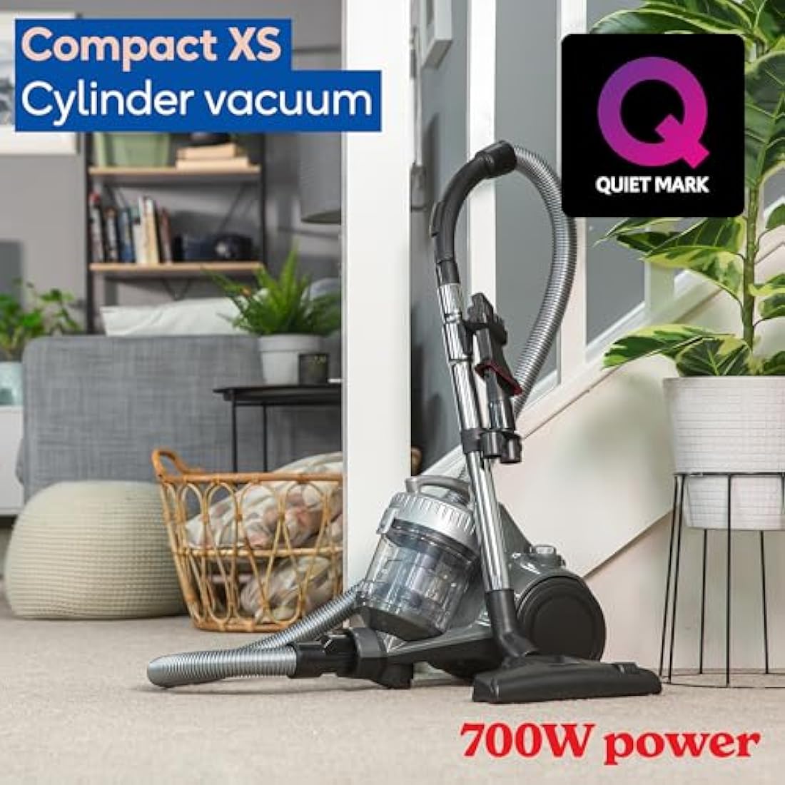 Russell Hobbs Cylinder Vacuum Cleaner COMPACT XS 1.5 Litre Grey & Silver with 3 in 1 Multi-Tool, Triple Filtration 700W Ultra Compact, 2 Year Guarantee RHCV1611