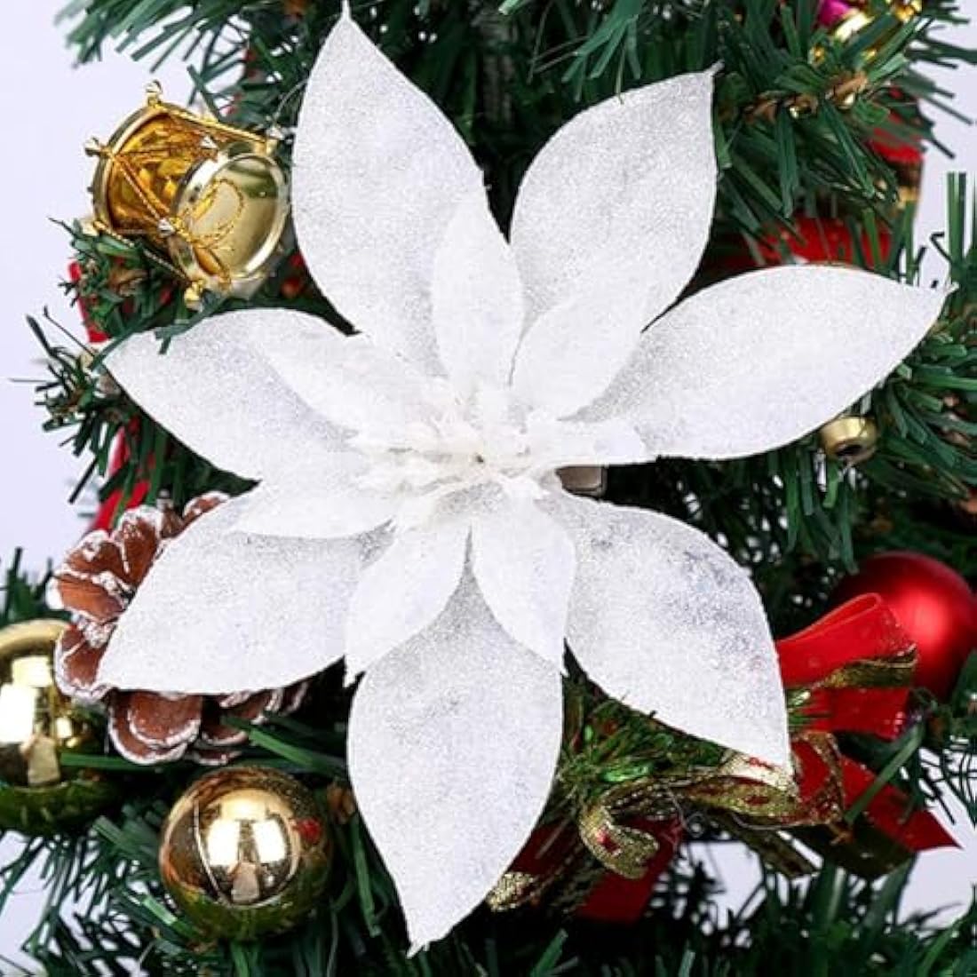 GL-Turelfies 12 Pcs Glitter Christmas Flowers(16cm/6.3’’) with 12 Pcs Clips Artificial Poinsettia Flower Christmas Tree Flower Decorations Xmas Tree Ornaments (White)