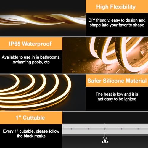 Lucienstar Neon LED Strip Light - 5M Dimmable Warm White Led Strip Lights,12v IP67 Waterproof LED Strip Lights,Silicone Neon LED Strip Light for Bedroom Kitchen Indoor Deco[ Power Adapder Include]