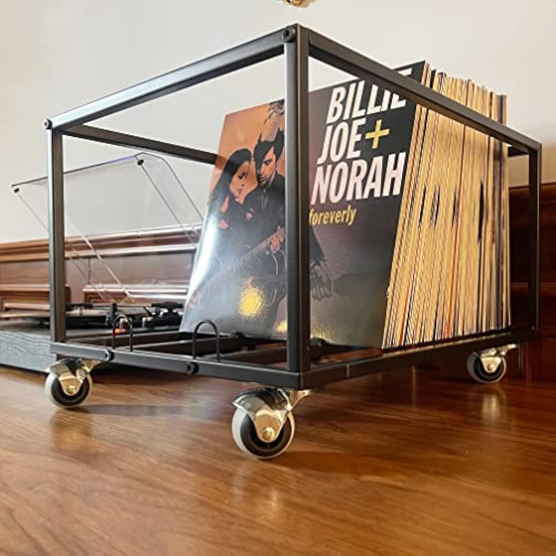 Vinyl Record Storage Holder With Wheels - Holds up to 100 LP - Album Holder Display Stand - Vinyl Record LP Storage organizer - Sturdy Metal Structure - Smooth Black