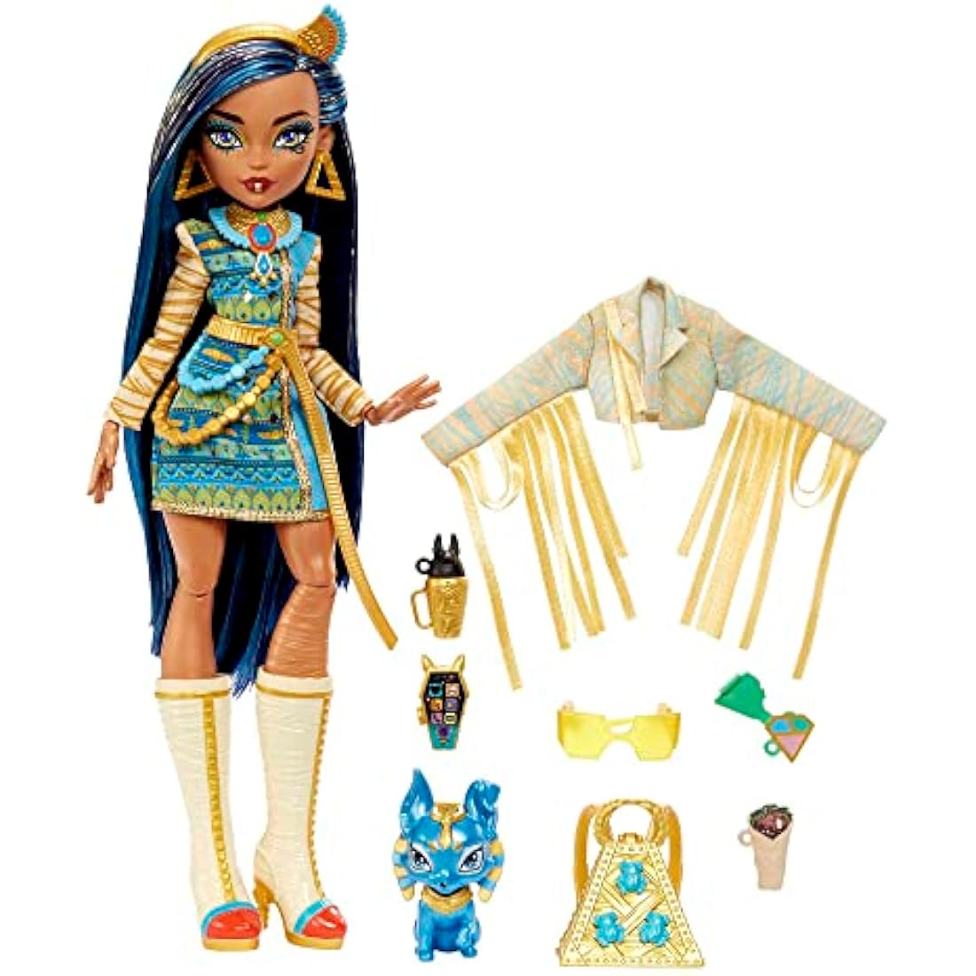 Monster High Doll, Cleo De Nile with Accessories and Pet Dog, Posable Fashion Doll with Blue Streaked Hair, HHK54