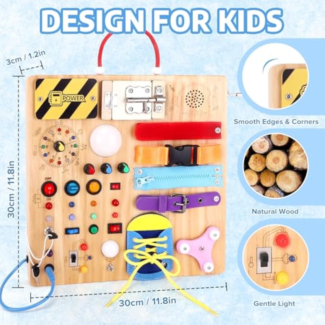 Konijiwa 23 in 1 Toddler Toys Montessori Busy Board for 1 2 3 Year old Boys Girls Wooden Toys with With 15 Switches, 26 LED Lights Switch, Music boxes, zippers Sensory Learning Toys
