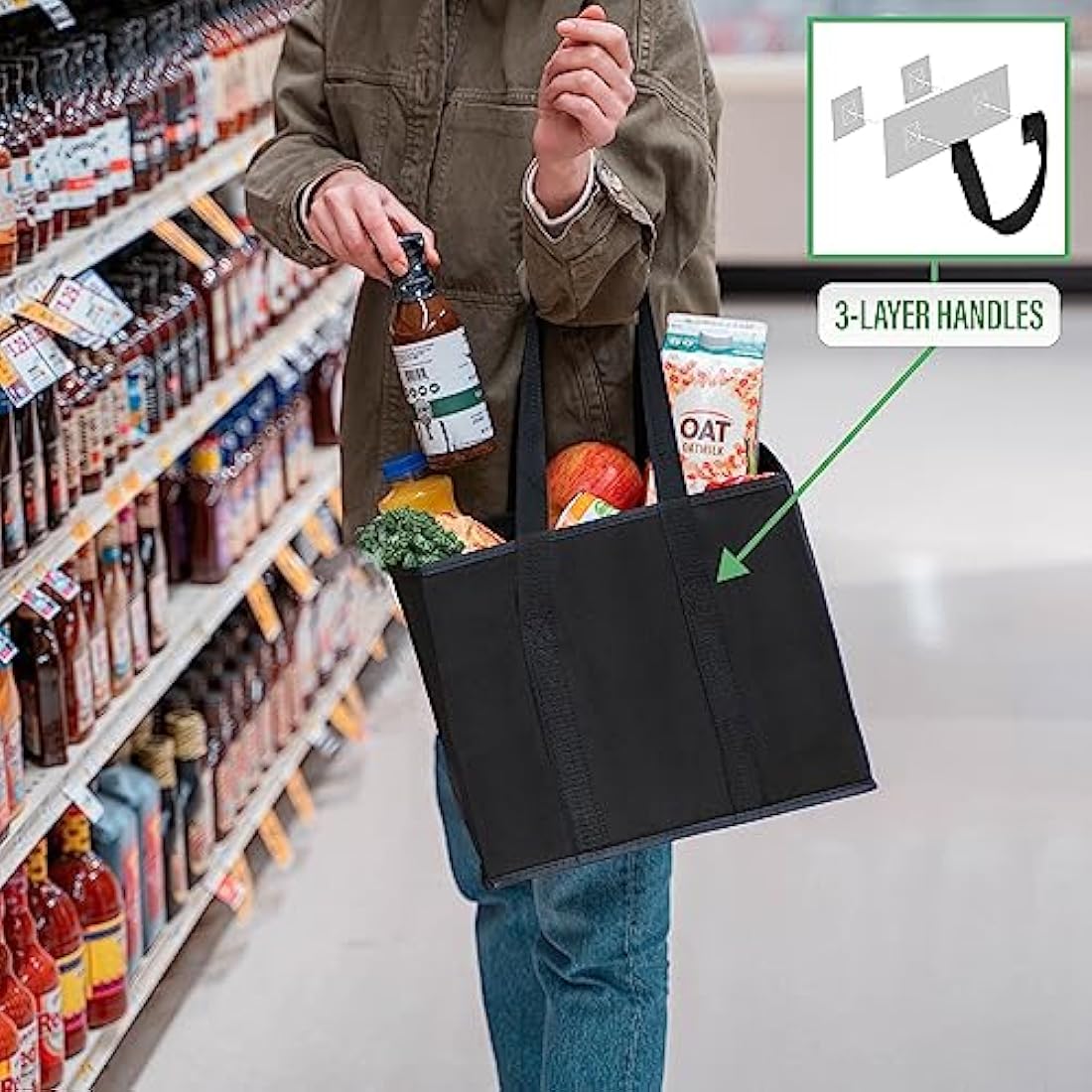 VENO 3 Pack Reusable Shopping Trolley Bags Set, Heavy Duty Collapsible Grocery Box Bag with Reinforced Bottom, Folding Tote Bag Storage Bins (Black - Set of 3)