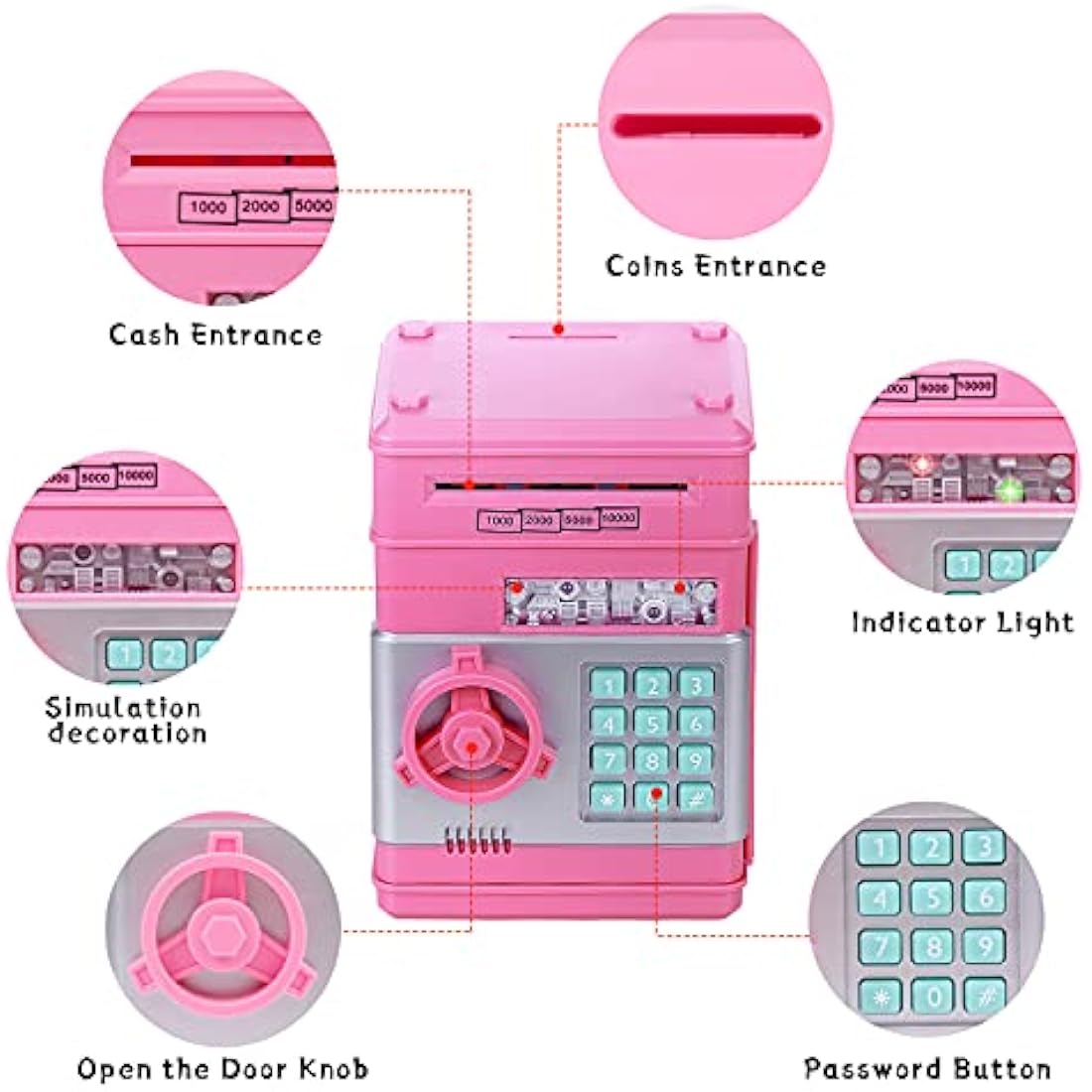 Thedttoy ATM Money Box for Kids Age 3-12, Electronic Money Bank Safe Piggy Bank for Girls Boys, Password Money Safe Savings Money Box for Girls Kids, Best Gift For Birthday Children's Day (Pink)