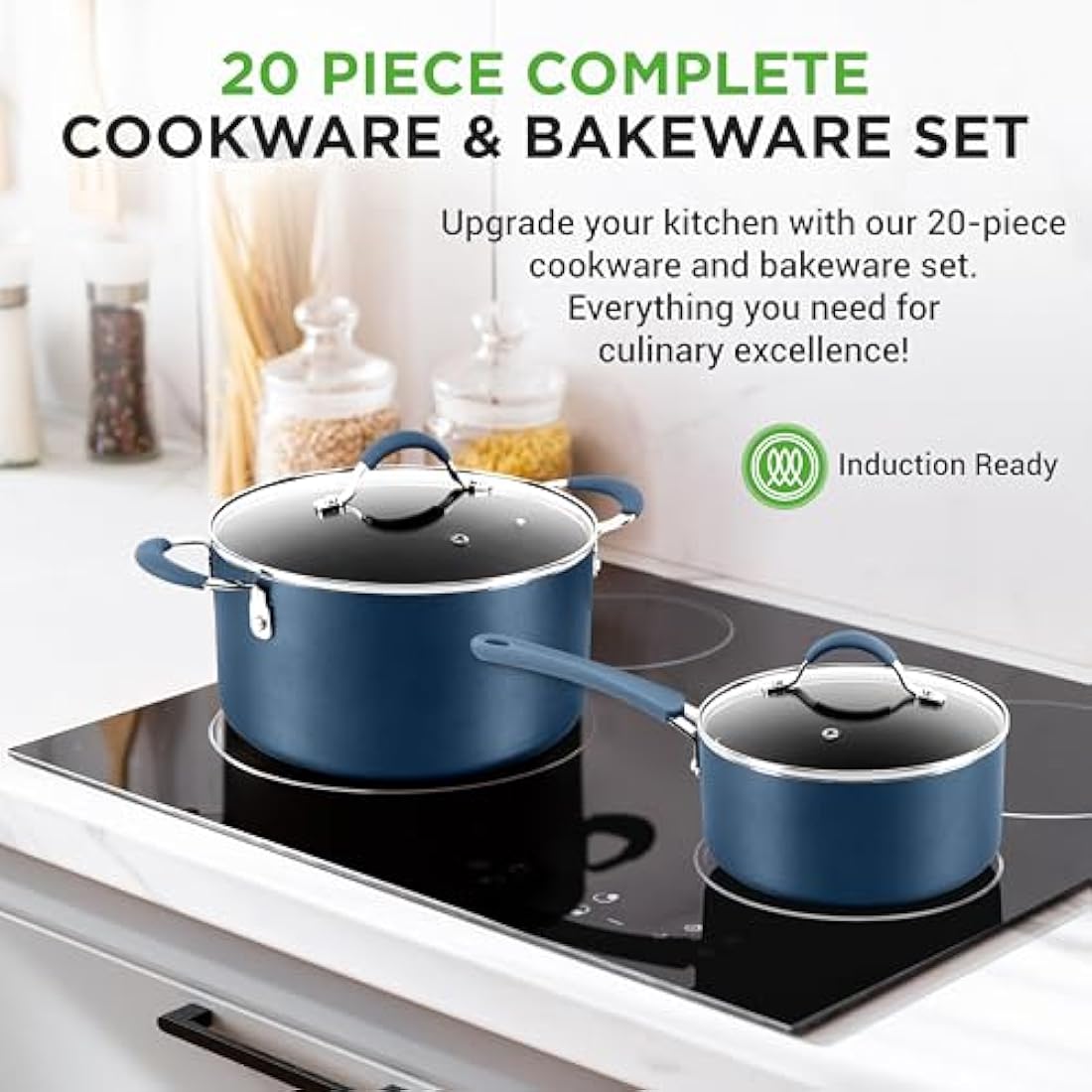 Nutrichef 20 Piece Pots and Pans Set, Bakeware and Cookware Set, Induction Hob Pots Set w/Lids, Non Stick Set, Heat Safe Silicone Handles, Saucepan, Frying Pans, Muffin Tin, Cookie Tray, Utensil-Navy