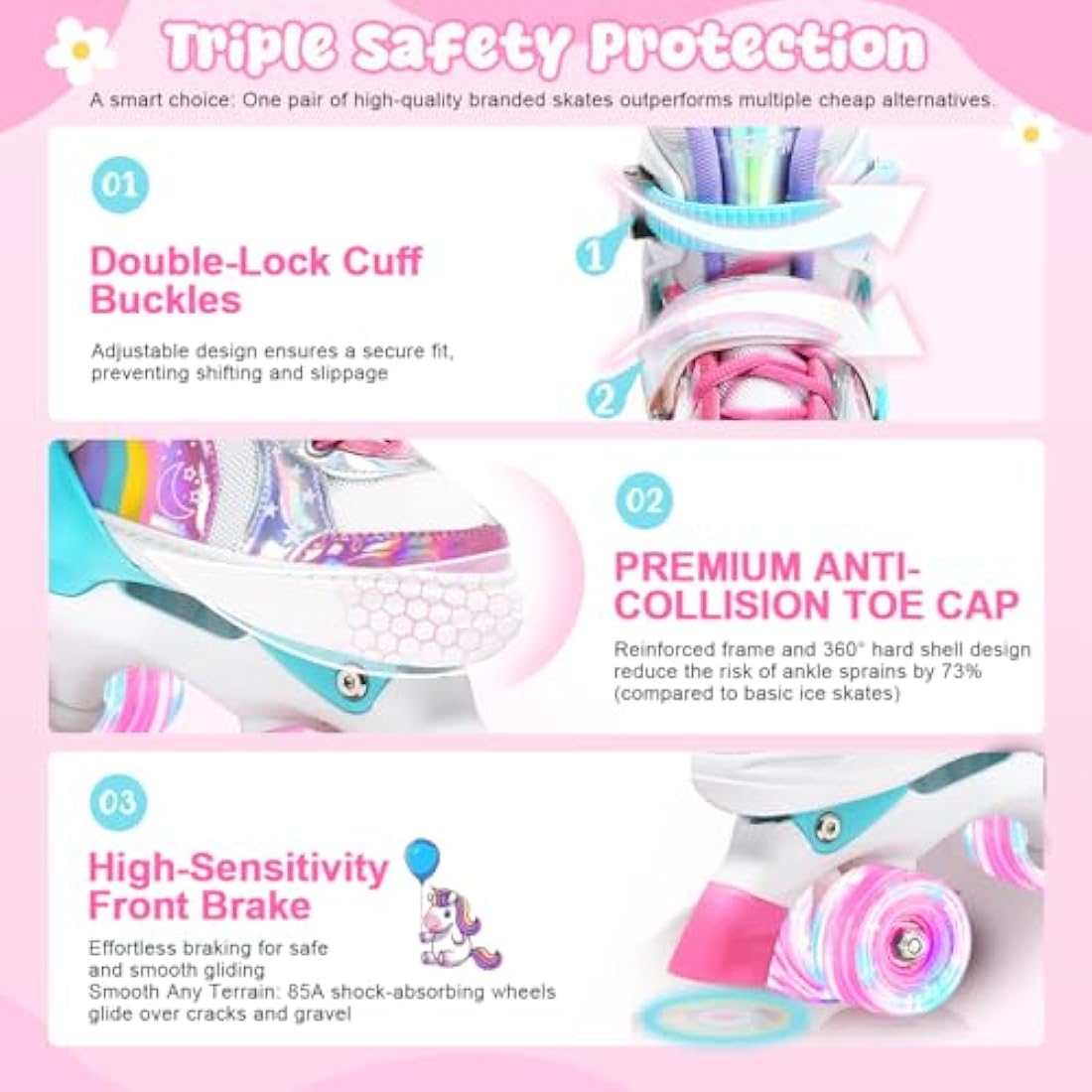 OLYSPM Kids Roller Skates for Girls Boys Pro 4-Size Adjustable, Roller boots With 8 Light Up Wheels, Beginner safe Children's Quad Skates - Ideal Christmas Birthday Gift