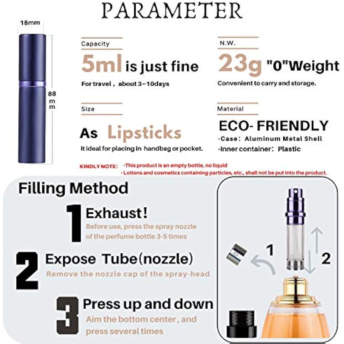 AsaNana Perfume Atomiser, Refillable & Travel Size Perfume Bottle, Leaking Proof,Bottom Pump without Funnel, Luxurious Small women and men, 5ml (Cla-MatBlue)
