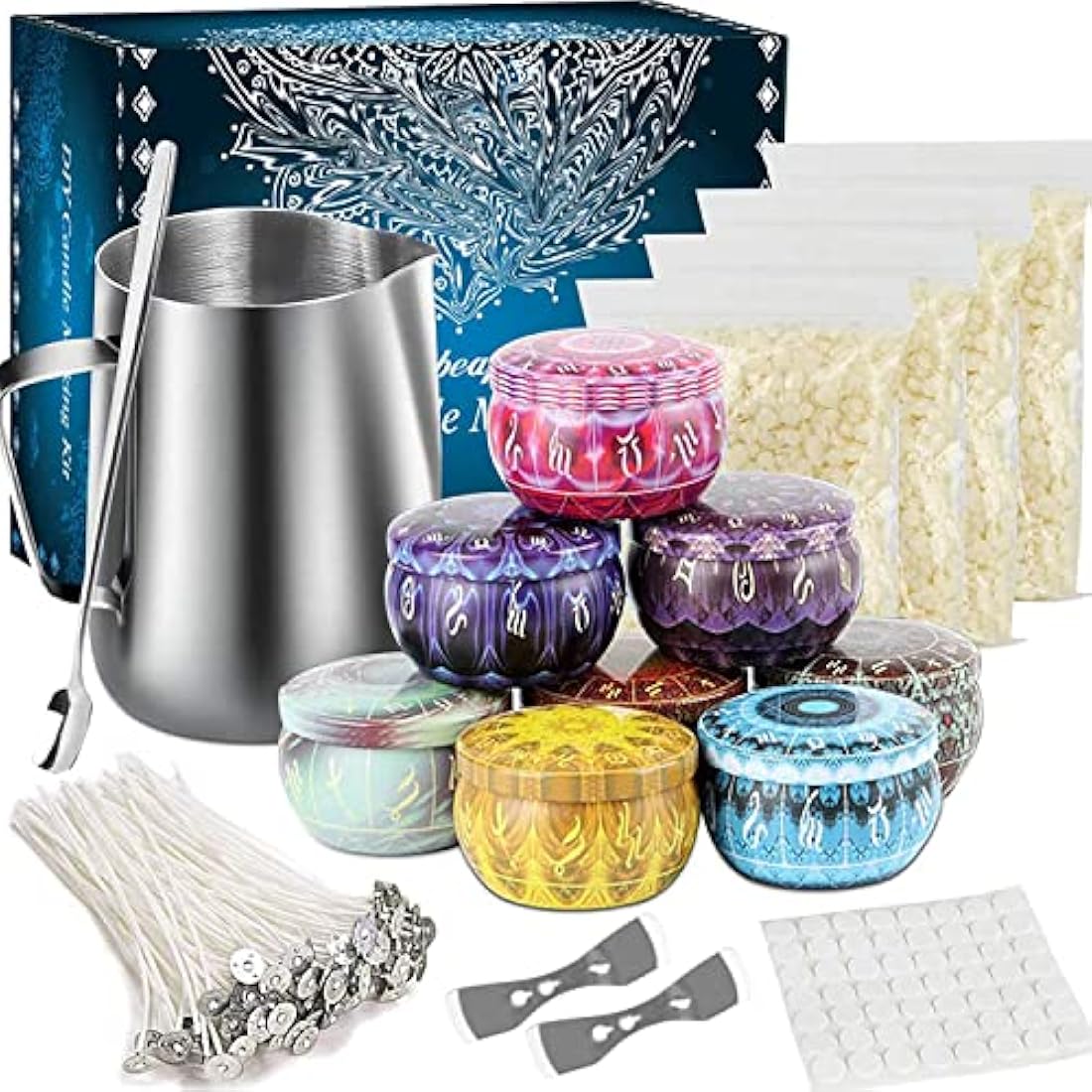 Candle Making Kit, DIY Candle Making Kits Include 50 Candle Wicks, 56 Wicks Sticker, 8 Candle Tins,1 Candle Make Pouring Pot, 4 Pack Candle Wax