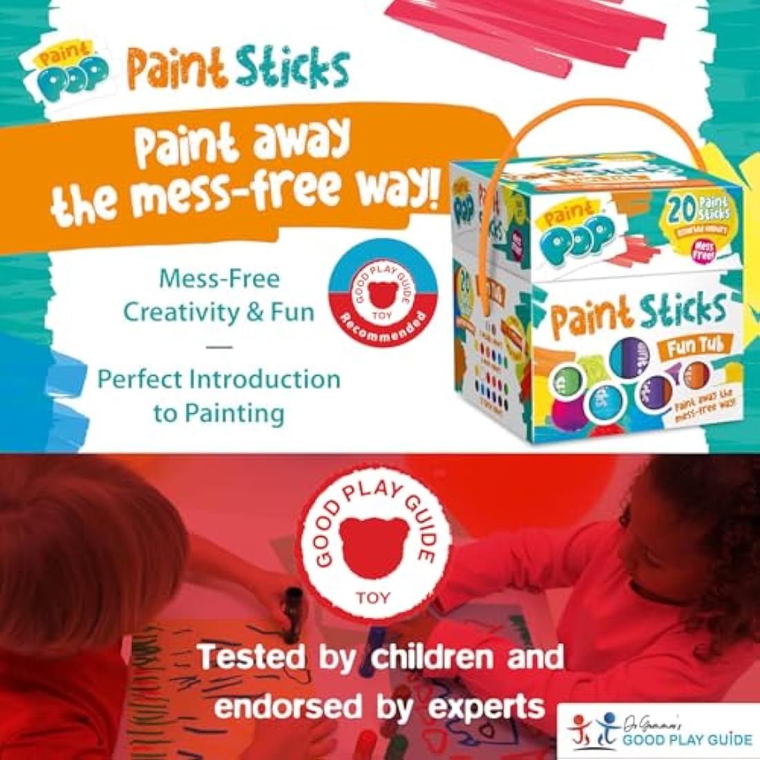 Paint Pop - Paint Sticks For Kids - 20 Pack Assorted Colours & Fun Storage Tub - Twist & Paint, Mess-Free, Fast Drying Action, Easy Clean Up, Vibrant Colours, Multi-Surface