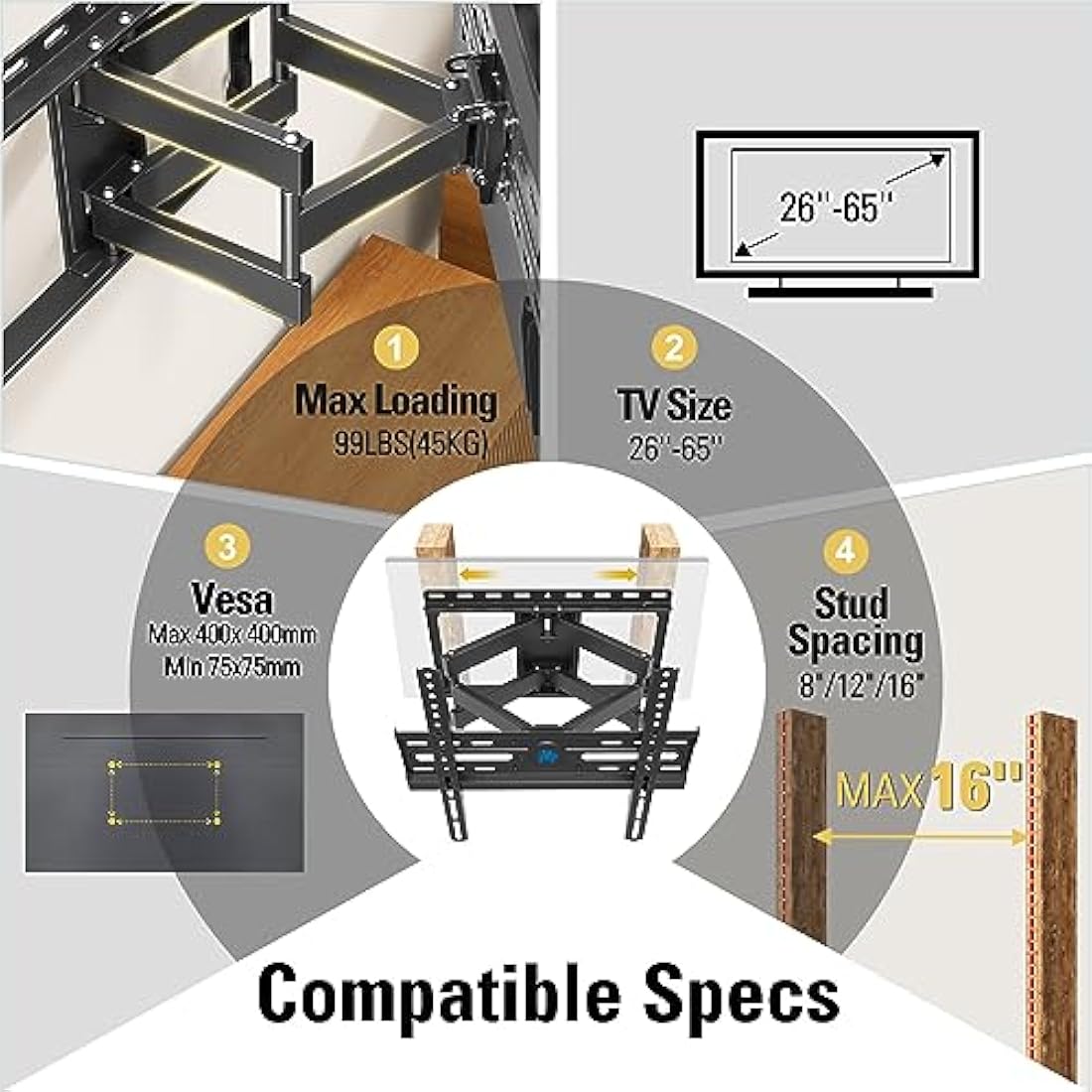 Mounting Dream TV Wall Bracket Mount for Most 26-65 Inch TVs, Max VESA 400x400mm, Tilt Swivel for TV Max 45kg, Full Motion Double Arms Fit OLED LCD LED Flat/Curved Screens, with Fischer Wall Plug
