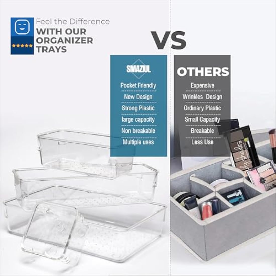 SMAZIUL 14 Pcs Clear Drawer Organiser with 4 sizes Desk Organizer ideal for organizing, cosmetics, makeup, jewelry, office supplies, bathroom accessories & much more