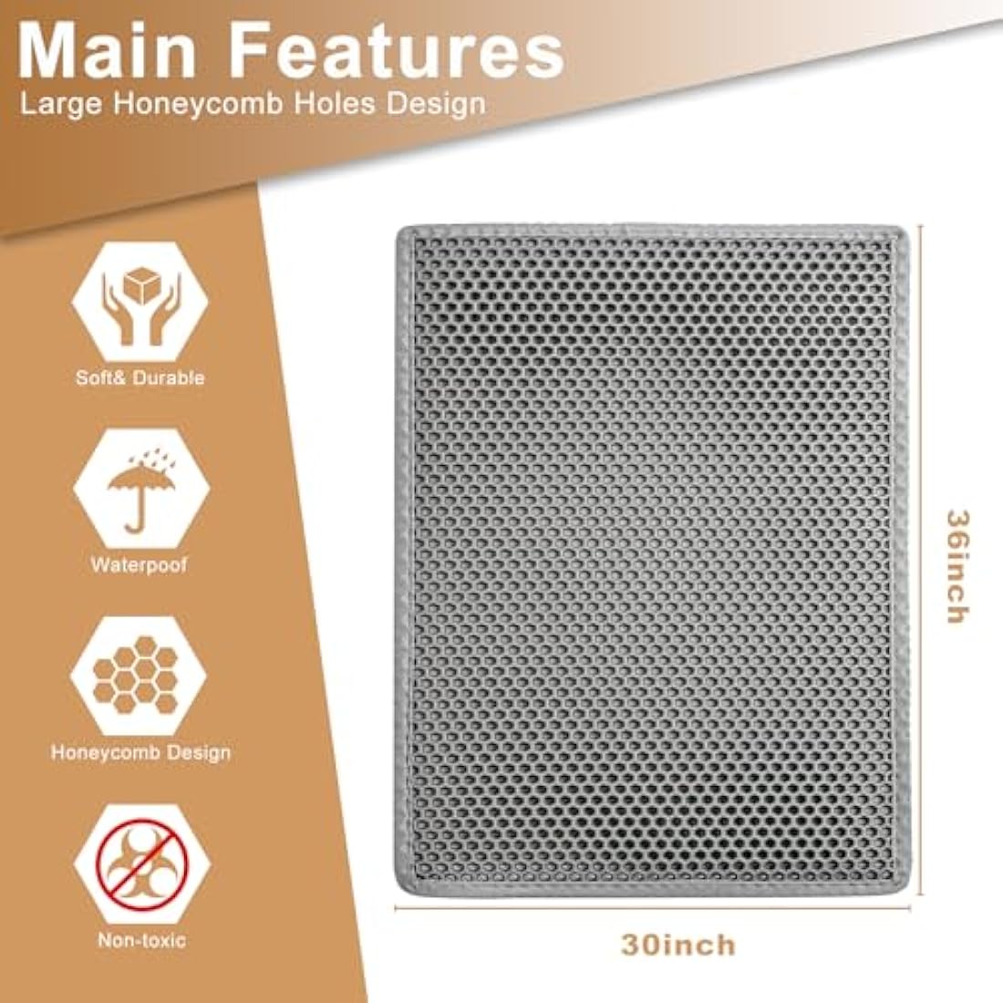 Garoopion Cat Litter Mat, 90 X 76 cm EVA Litter Trapping Mat, Double Layer Honeycomb Holes Design, Grey, 1 Side Connected