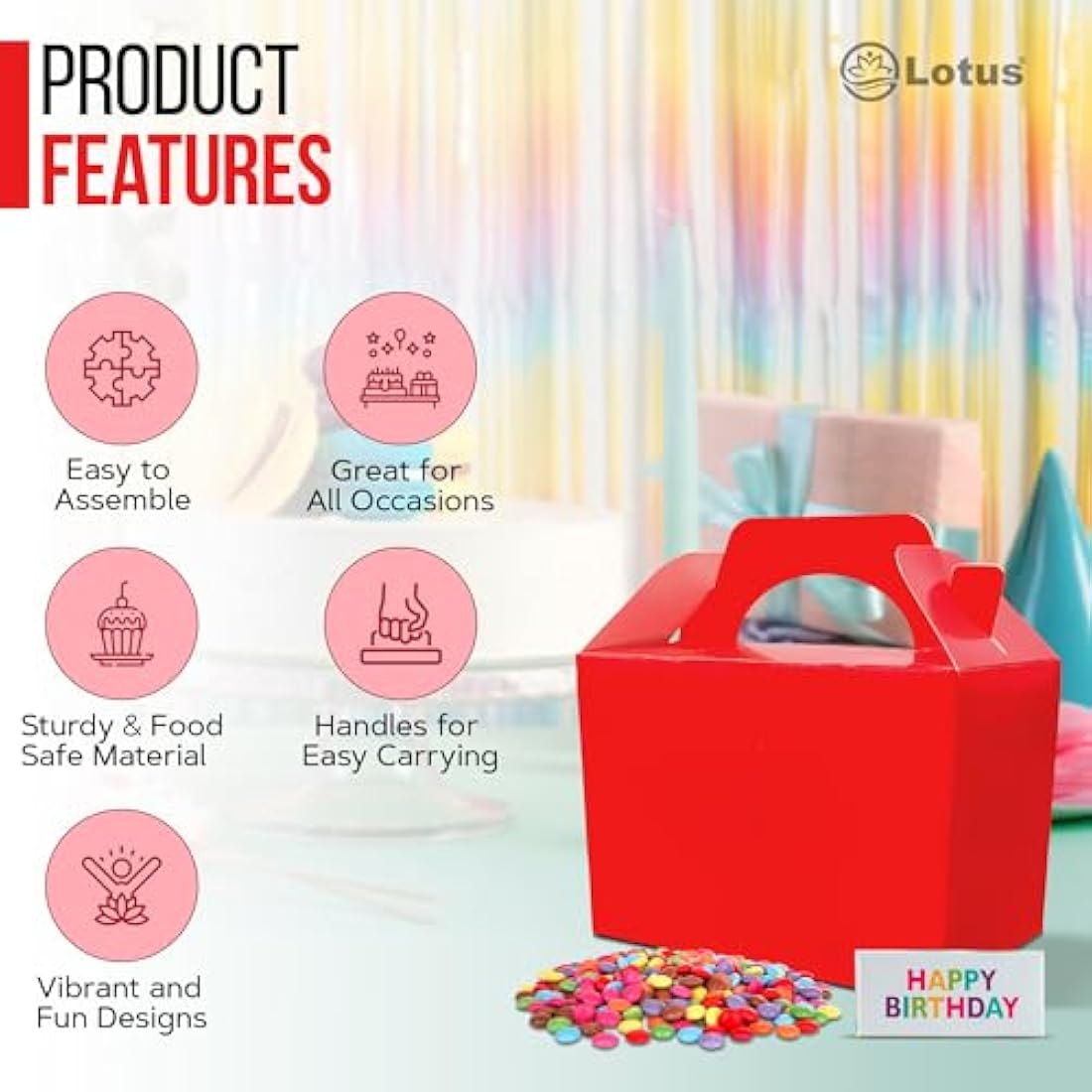 Lotus 50 x Children/Kids Plain Coloured Party Boxes Carry Food Meal Fun Picnic Birthday Wedding Favour/Baby Shower Party Halloween Trick or Treat Box Loot Bag (Red)