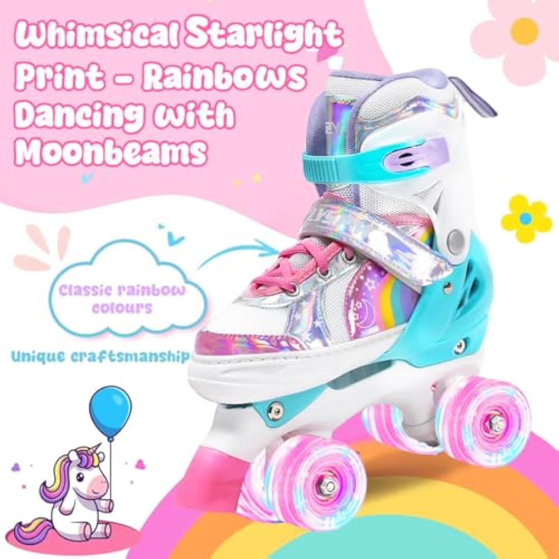 OLYSPM Kids Roller Skates for Girls Boys Pro 4-Size Adjustable, Roller boots With 8 Light Up Wheels, Beginner safe Children's Quad Skates - Ideal Christmas Birthday Gift