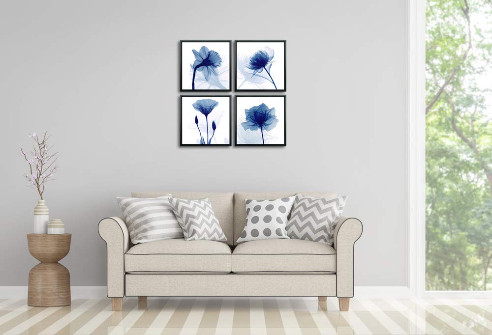 Wieco Art Black Framed 4 Panels Blue Flickering Flower Modern Canvas Wall Art Grace Floral Pictures on Canvas Prints for Bedroom Office Home