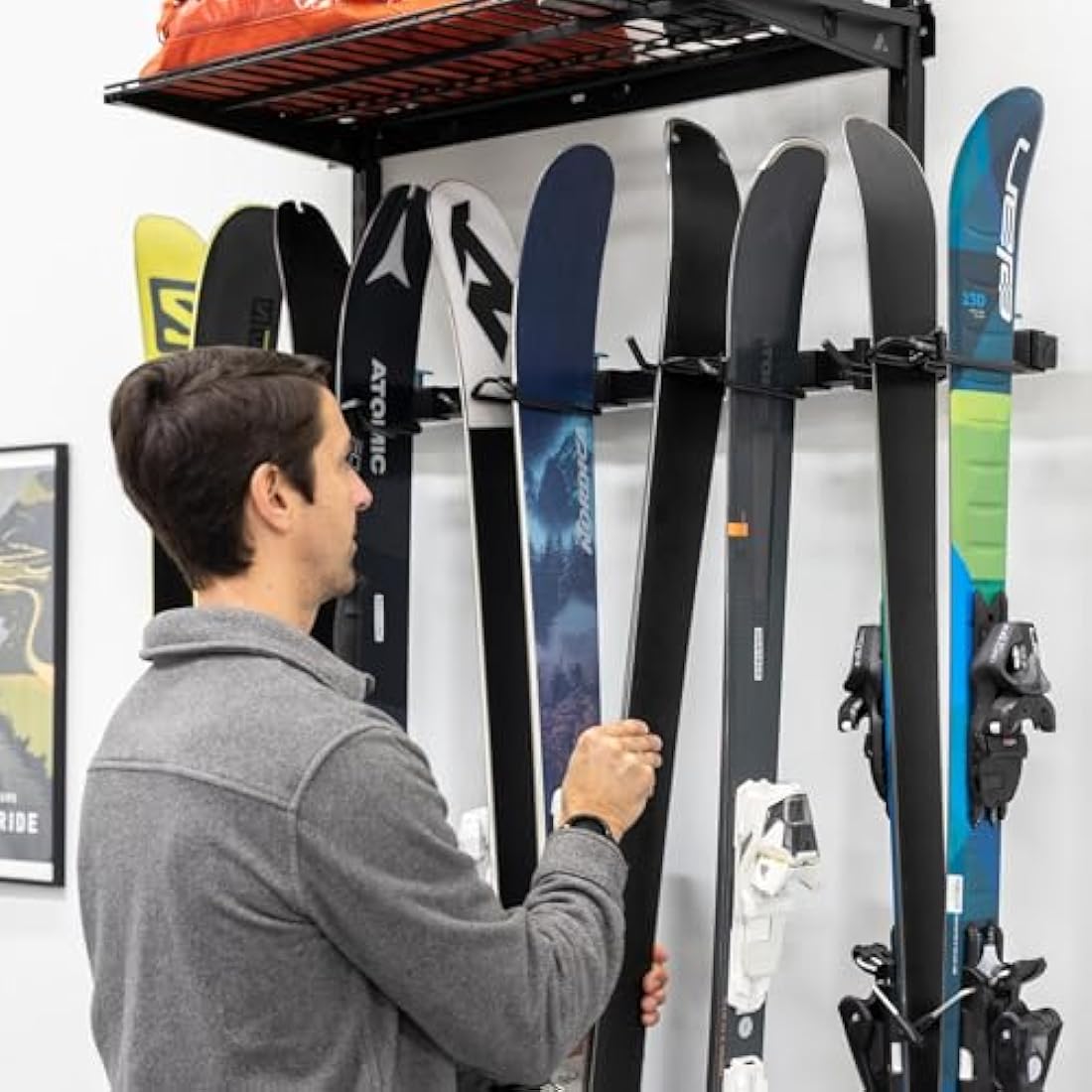 StoreYourBoard Ski Storage Rack with Shelf, Holds 5 Pairs, Heavy Duty Wall Mount Organizer, Home and Garage Hanger