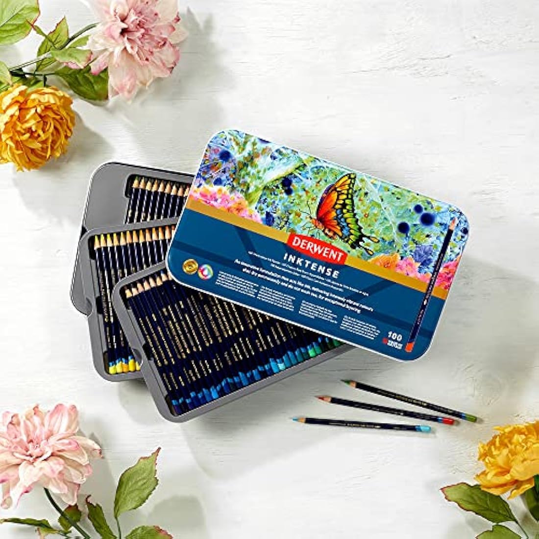 Derwent Inktense Pencils Art Set, 100 Permanent Watercolour Pencils Set in Tin, Premium Coloured Pencils for Adults, Water-Soluble Indelible Pencil Collection, 4mm Core, Professional Quality (2306130)