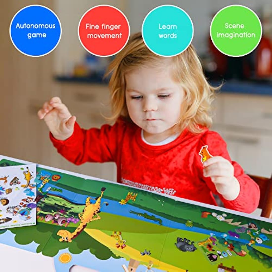 ASTARON 3D Sticker Scenes Book for Kids,88 Pcs Reusable Animals Jelly Stickers for Toddlers, Puffy Sticker Game Educational Sensory Learning Toy, Party Supplies Birthday Gift,4 Fold-Out Choices