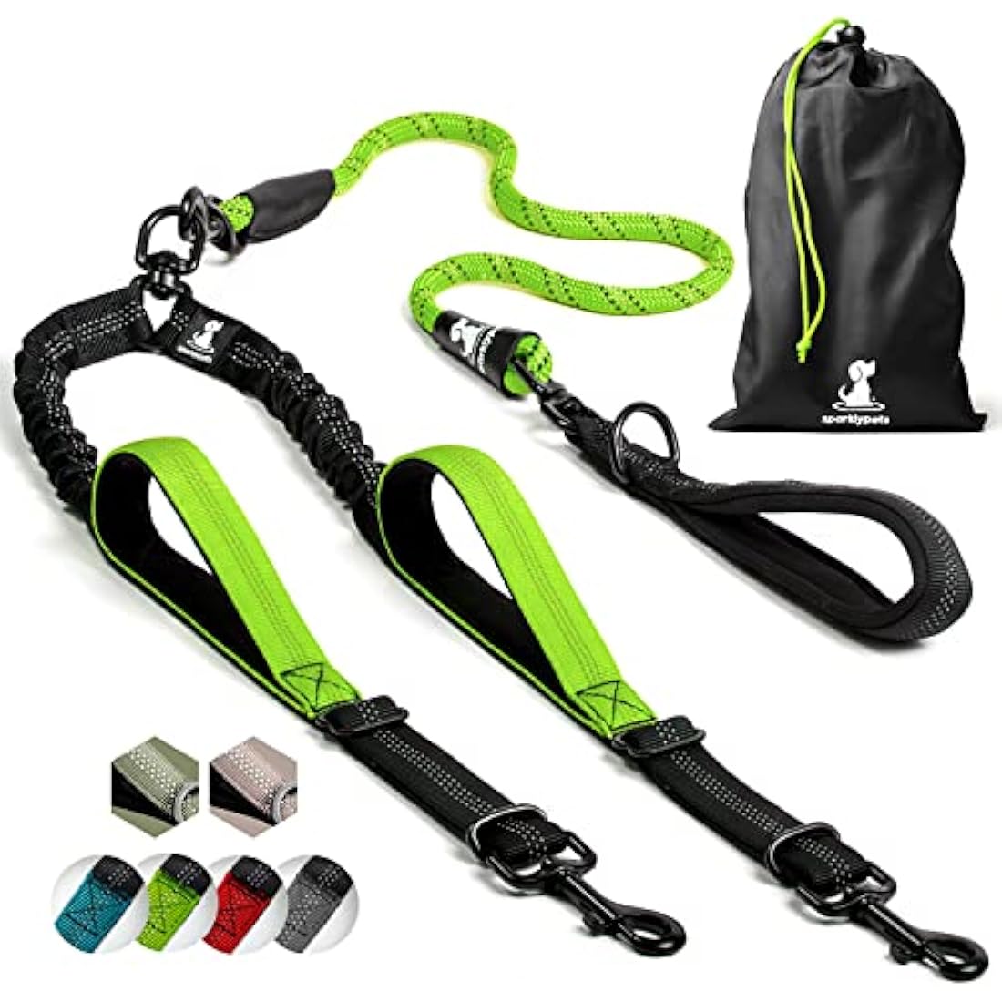 SparklyPets Double Dog Leash for 2 Dogs – Rope Bungee Dual Leash for Medium and Large Breeds with Padded Handles & Tangle Free (Green, Medium/Large)