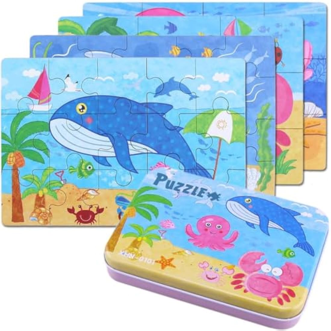 BBLIKE Puzzles Jigsaws for 2 3 4 Year Old - Pack of 4 Puzzles Toy in a Box for Age 2-5, Travel Games for on Plane Educational Learning Birthday Gift Present for Children Boys Girls (Sea Creatures)