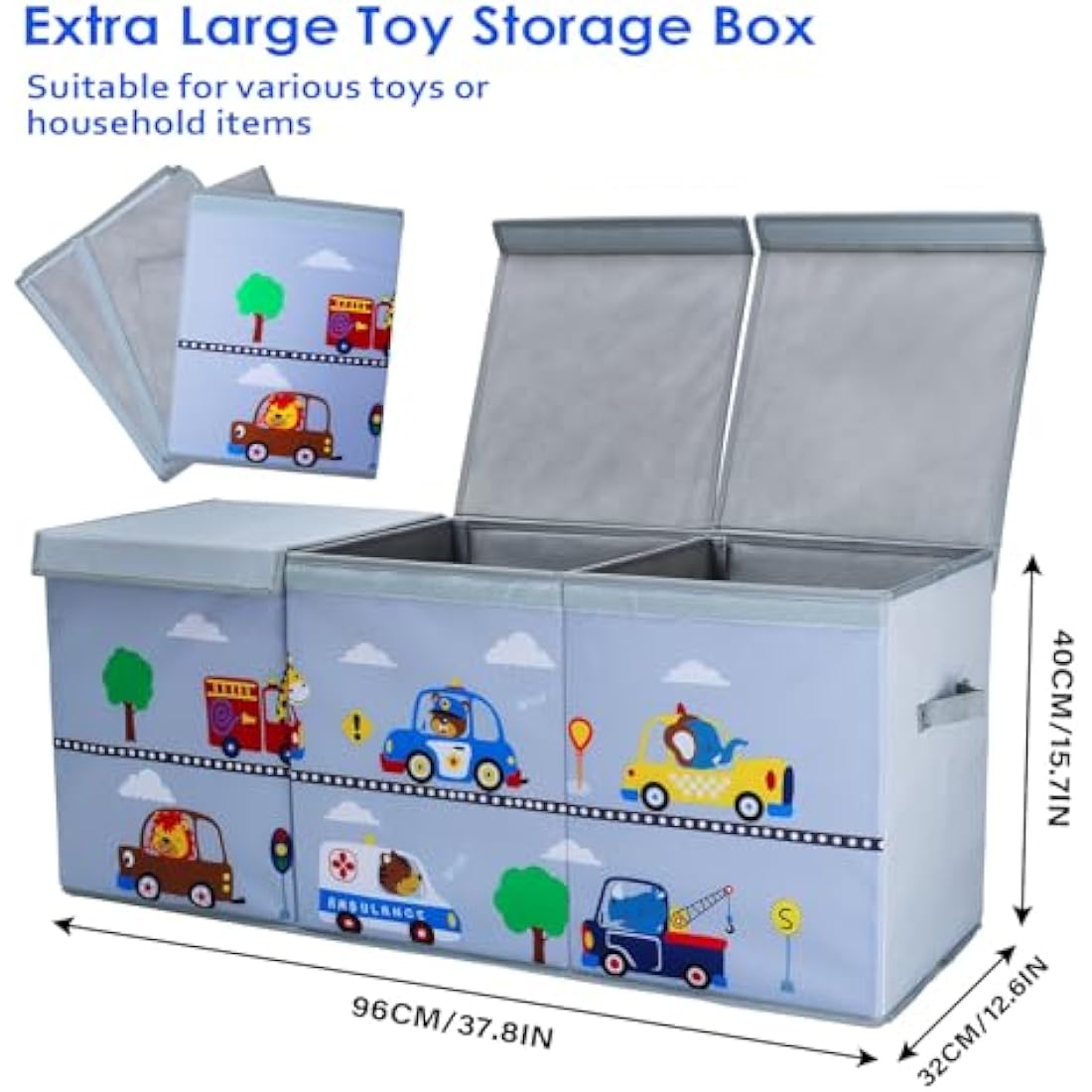 Decalsweet Extra Large Kids Toy Storage Box with Lid,Foldable Oxford Toy Storage Organizer Box for Boys-96×32×40cm-Toy Chest with Handles for Bedroom Nursery,Animal Car
