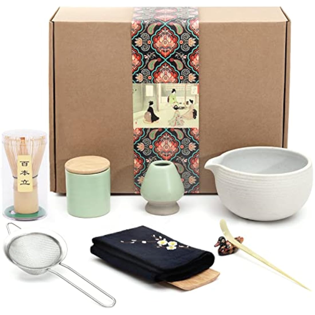 Artcome Japanese Matcha Tea Set, Matcha Bowl with Pouring Spout, Matcha Whisk, Tea Scoop, Ceramic Whisk Holder, Matcha Powder Caddy, Handmade Matcha Ceremony Kit for Japanese Tea Ceremony (9Pcs)