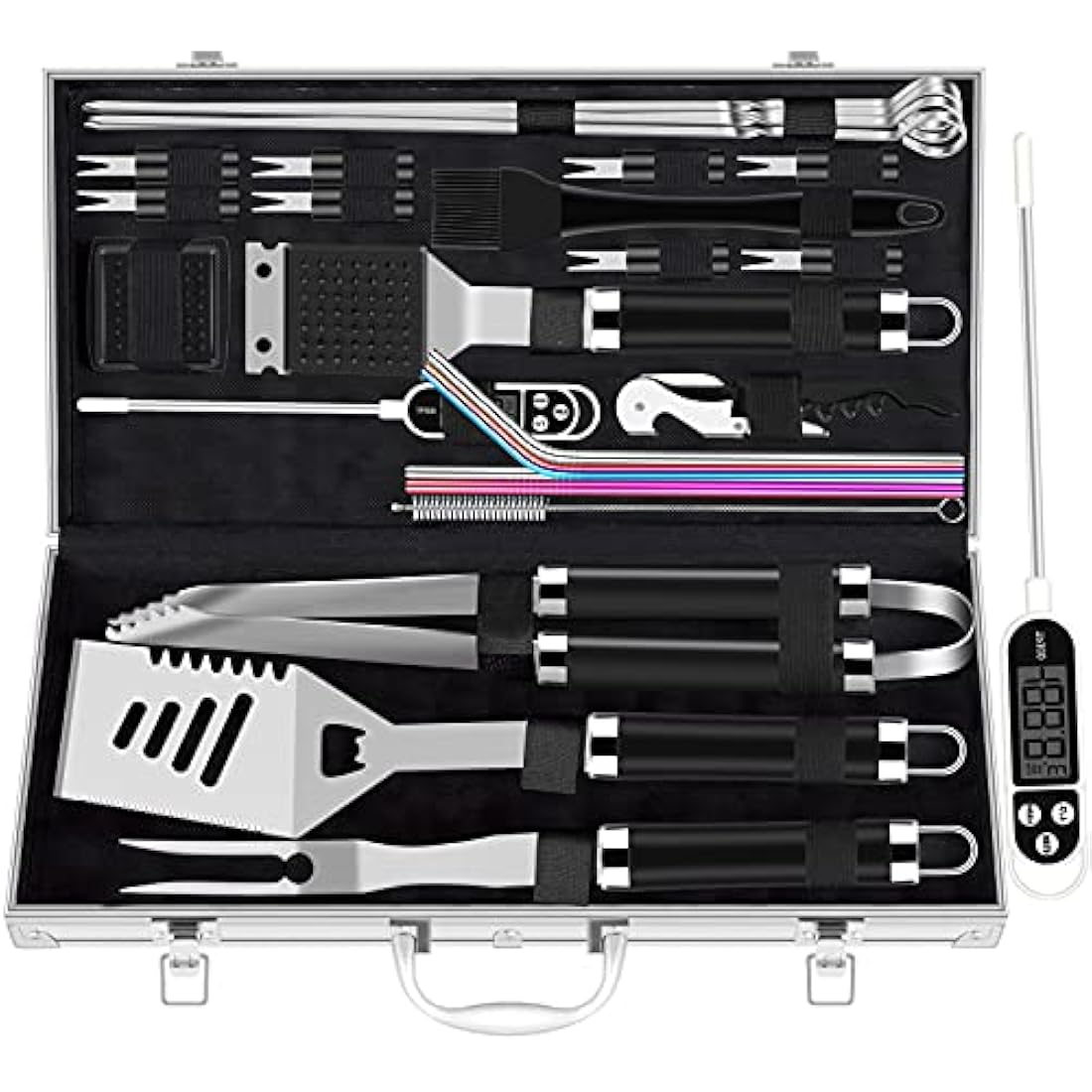 ROMANTICIST 26pcs Extra Thick Stainless Steel Grill Tool Set for Men,Heavy Duty Grilling Accessories Kit for Backyard, BBQ Utensils Gift Set with Meat Thermometer in Aluminum Case for Birthday Black