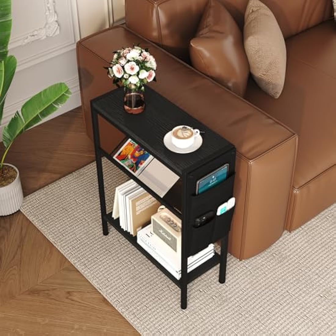 Yusong Small Narrow Side Table for Small Spaces, Slim End Table with Storage Bag, Sofa Snack Table with Adjustable Metal Mesh, 3 Tier Accent Skinny Beside Table for Living Room & Bedroom, Black Oak
