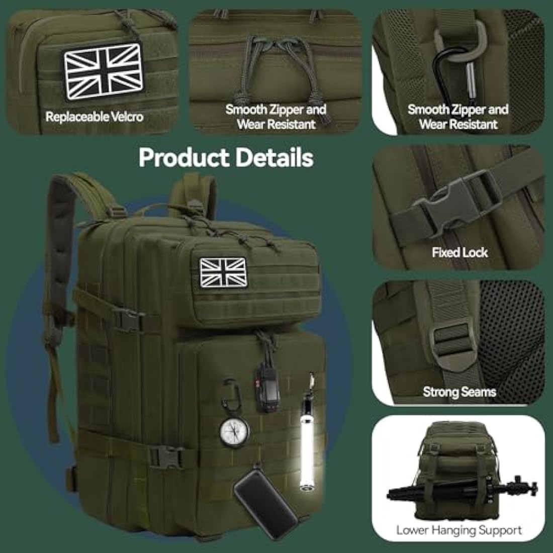 Delgeo 45L Military Tactical Backpacks Molle Army Assault Pack 3 Day Bug Out Bag Hiking Treeking Camouflage Hunting Rucksack