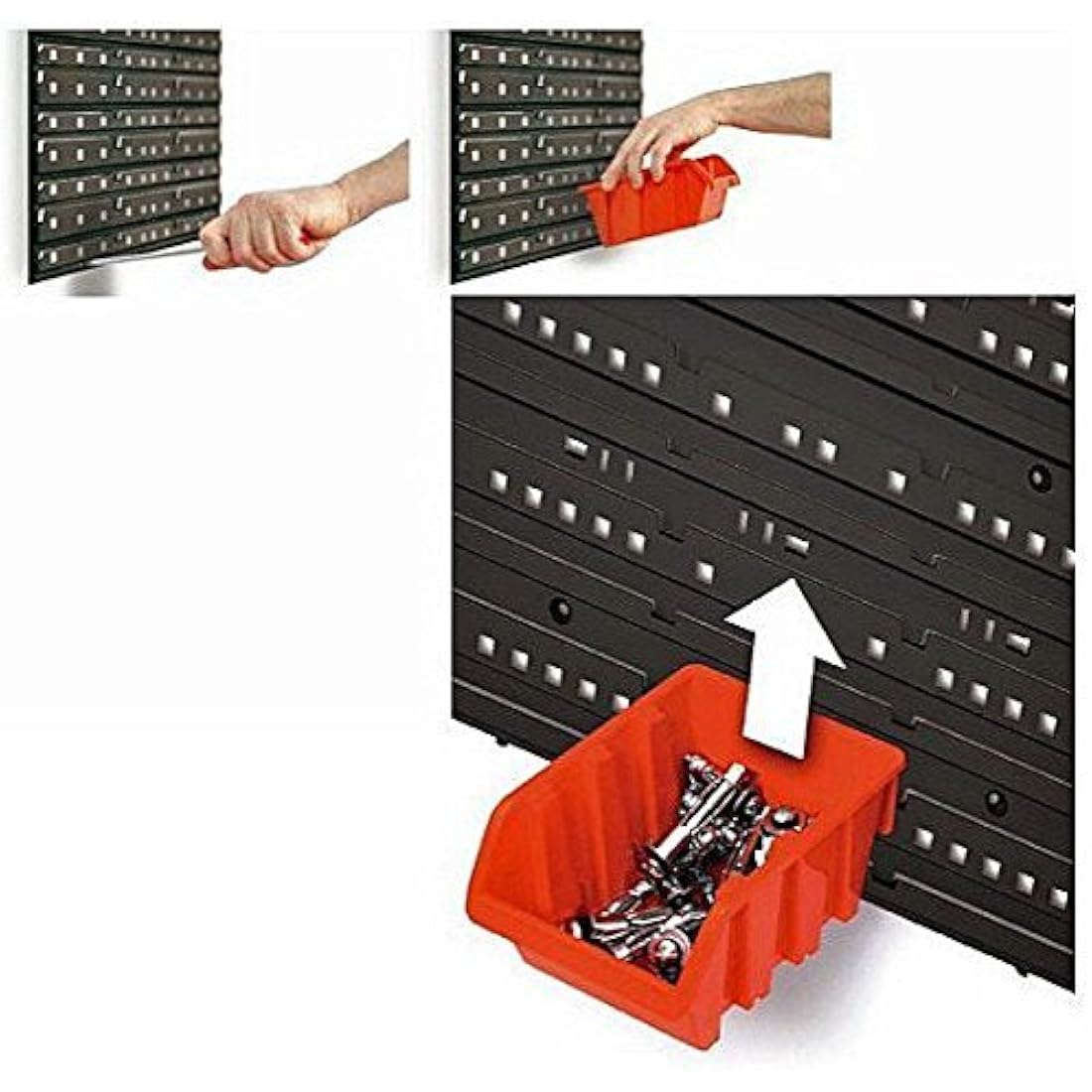 Set of 100 XS size IN-Box storage bins and wall mounted louvre
