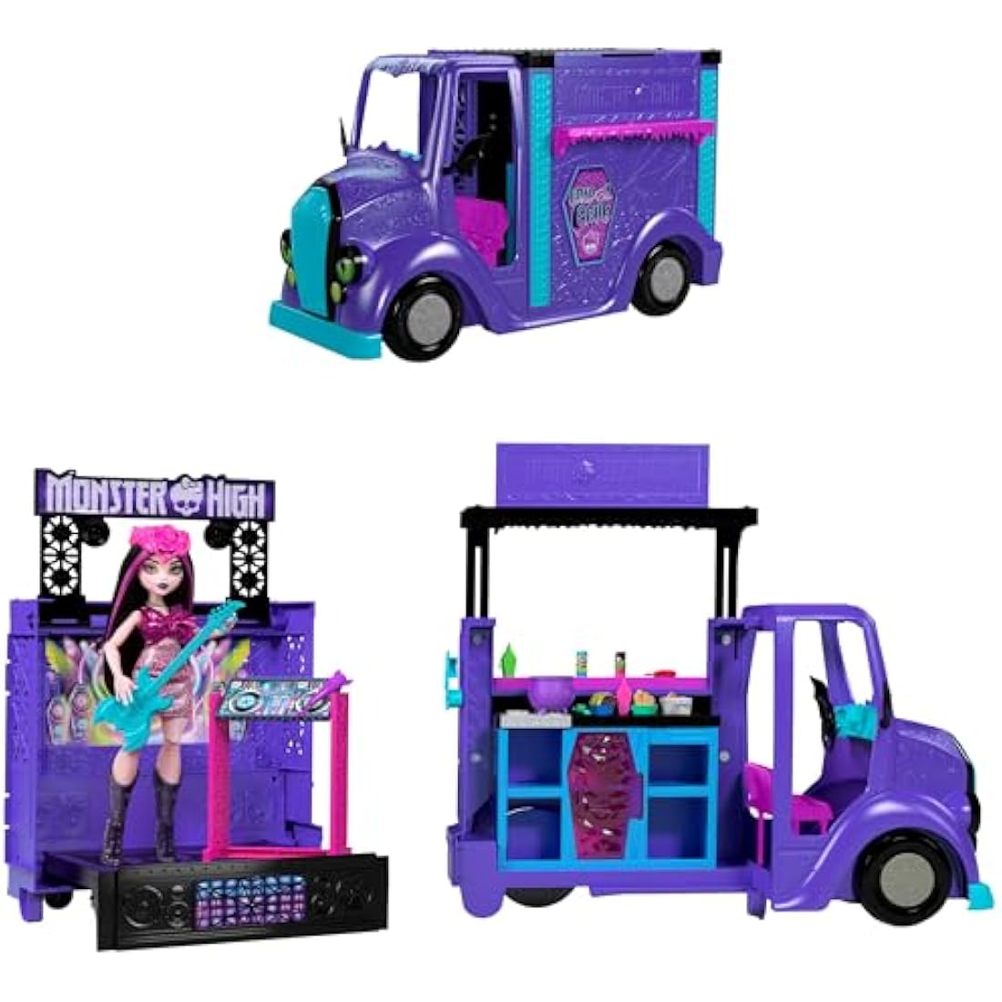 Monster High Draculaura Doll and Playset, Fangtastic Rockin’ Food Truck with Pullout Stage Transformation and 13+ Food and Music Themed Accessories, HXH83
