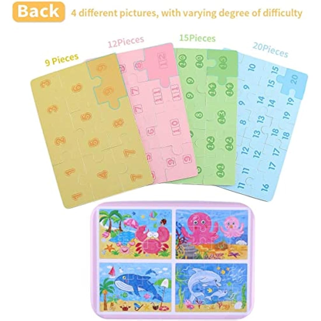 BBLIKE Puzzles Jigsaws for 2 3 4 Year Old - Pack of 4 Puzzles Toy in a Box for Age 2-5, Travel Games for on Plane Educational Learning Birthday Gift Present for Children Boys Girls (Sea Creatures)