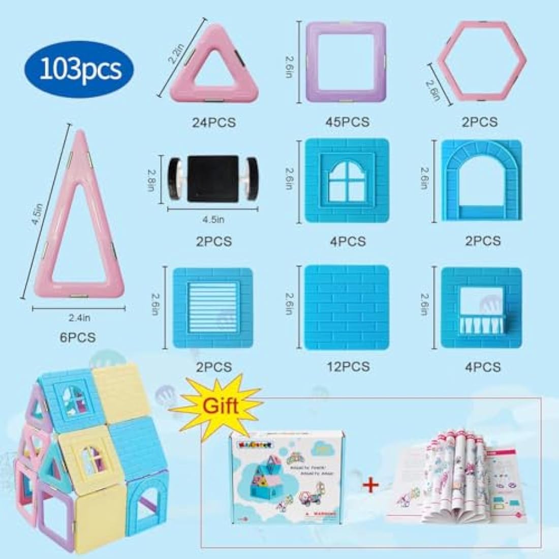 Magblock Magnetic Building Blocks,103 PCS Magnetic Tiles Set Magnet Toy for Kids Educational Construction Toys for 3 4 5 6 Years Old Boys and Girls