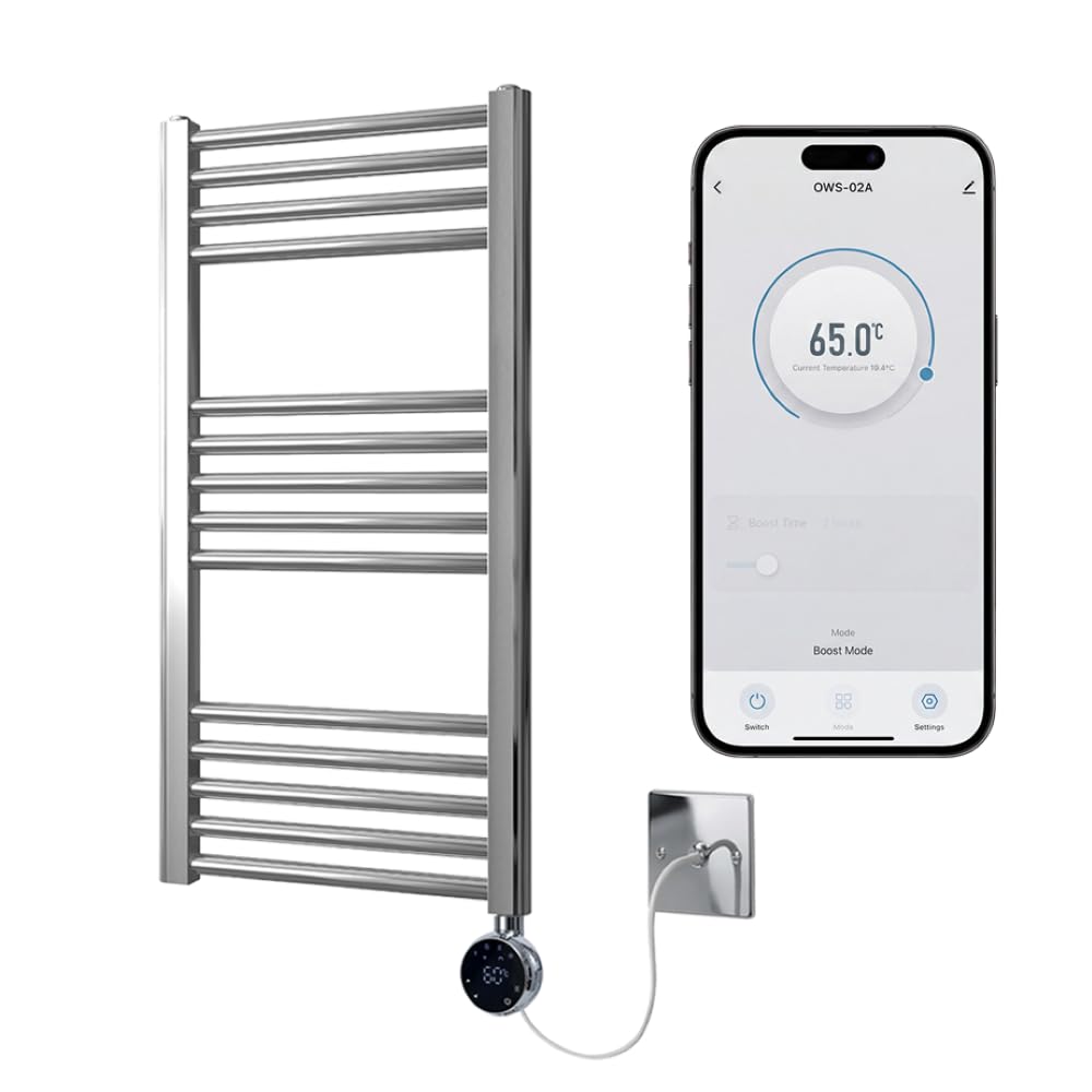 Greened House Chrome Electric WiFi Heated Towel Rail 400mm W x 800mm H