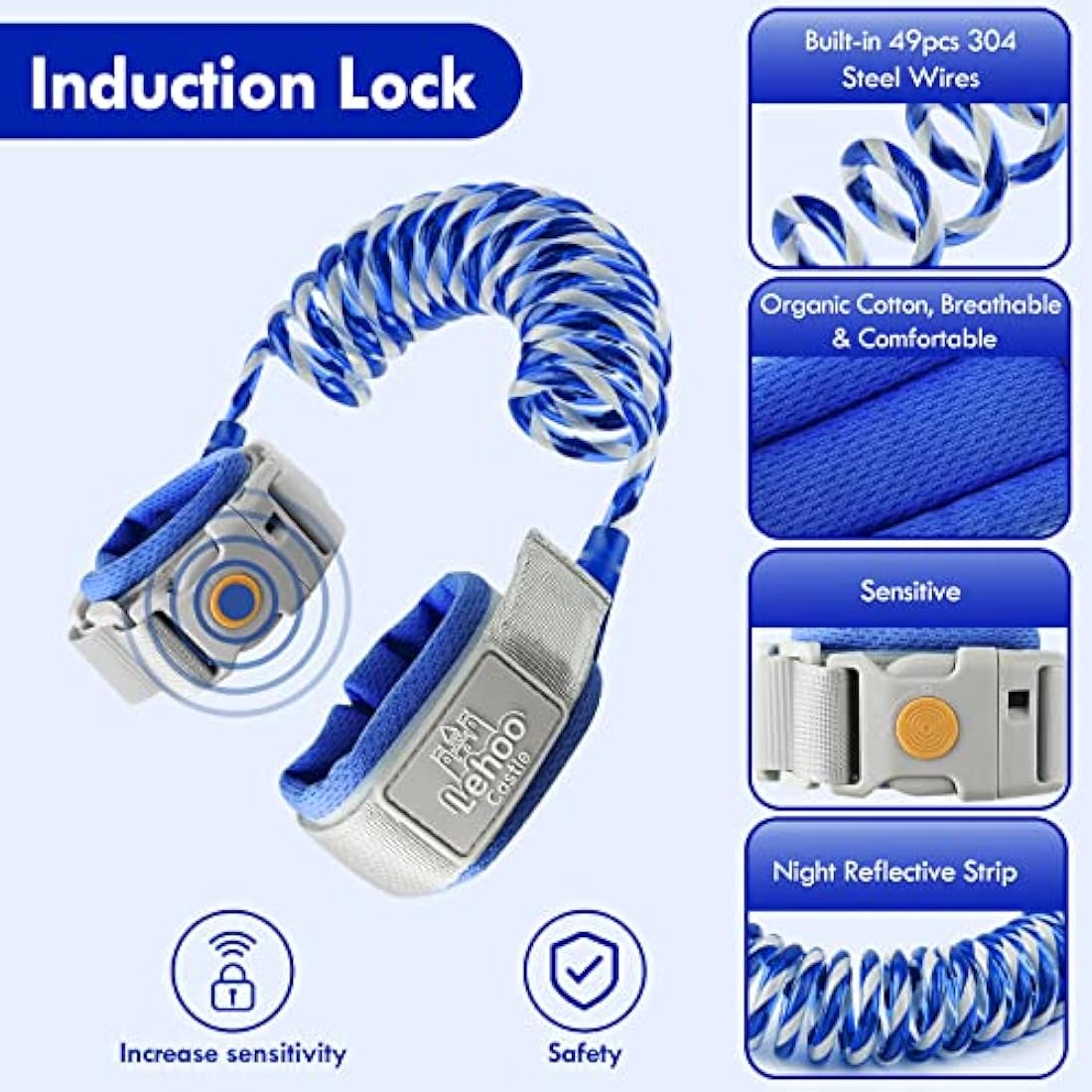 Lehoo Castle Baby Reins for Walking, 1.5M Toddler Reins for Kids with Induction Lock, Anti Lost Wrist Link Wrist Reins, Child Safety Harness for Autism Boys & Girls (Dark Blue)