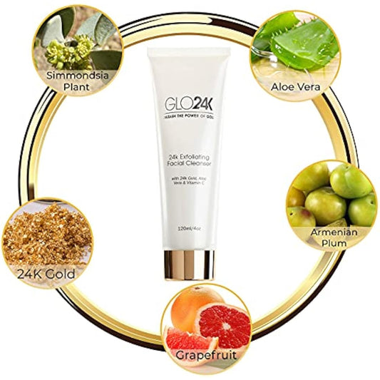 GLO24K Exfoliating Facial Cleanser with 24k Gold, Anti-Aging Microdermabrasion with Vitamins C and E