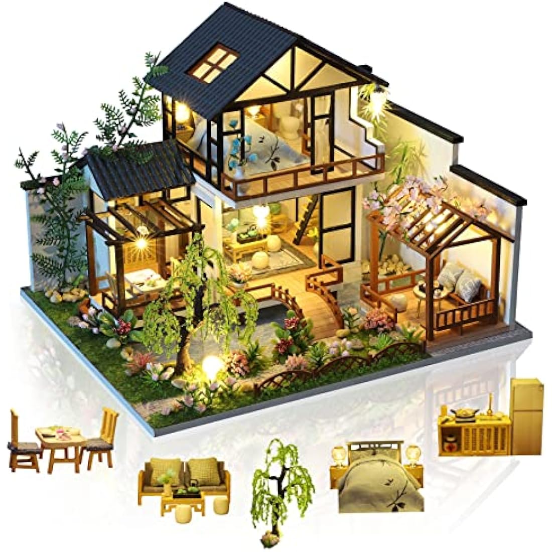 Cuteefun Miniature DIY Dolls House Kit, Wooden Doll house Kit with Furniture and Music Box, Handmade Crafts for Adults, 1:24 for Birthday, Valentine's Day Father's Day(Oriental Villa)
