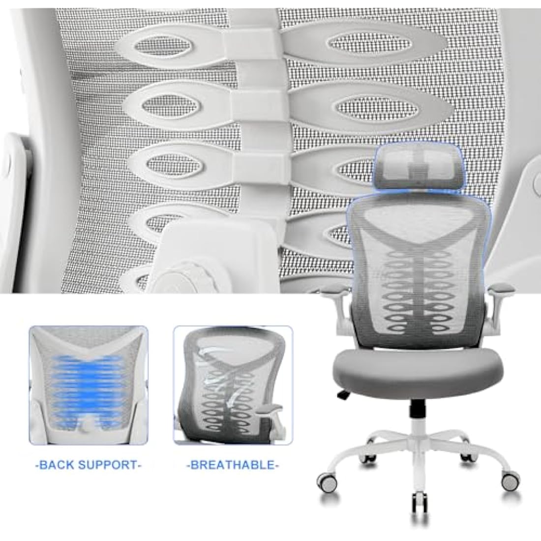 Magic Life Office Chair, Adjustable Desk Chair with Flip-up Armrest, Rebound Seat Cushion, Breathable Mesh High Back, Comfortable Lumbar Support, Movable Headrest 360° Rotation, White