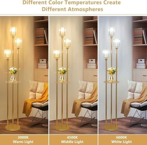 Rayofly Modern Floor Lamp with Shelves, 3-Lights Gold Floor Lamps for Living Room, Crystal Standing Lamp with Glass Shades & Foot Switch, Glas Standing Lamps for Bedroom, Dining Room, Hall, Office
