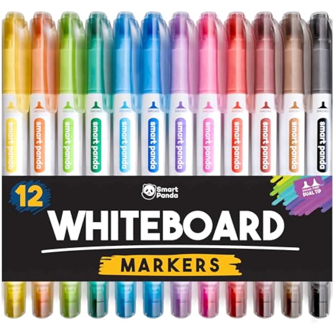 Smart Panda 12 Whiteboard Pens Dual Tip, Thin White Board Markers Erasable, Broad and Fine – Dry Erase Marker Pens, Colour Dry Wipe Markers