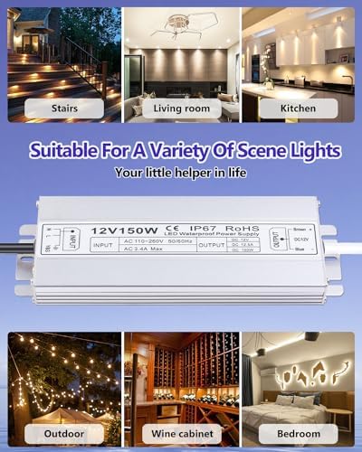 Idealyuan 12VDC 12.5Amp 150Watts LED Driver,Waterproof IP67 LED Power Supply Low Voltage Transformer Adapter,100V-260V AC to 12V DC Output for Any 12VDC LED Lighting