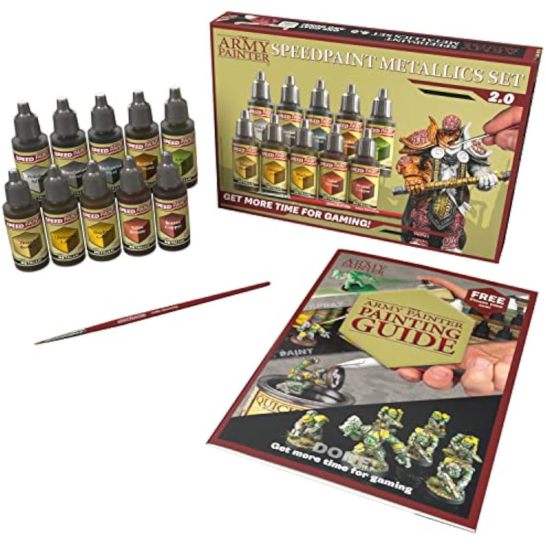 The Army Painter Speedpaint 2.0 Metallics Paint Set, 10 Bottles of Metal Acrylic Contrast Paint in 18ml Incl. 1 Free Basecoating Brush for Miniature Painting, Warhammer & DnD