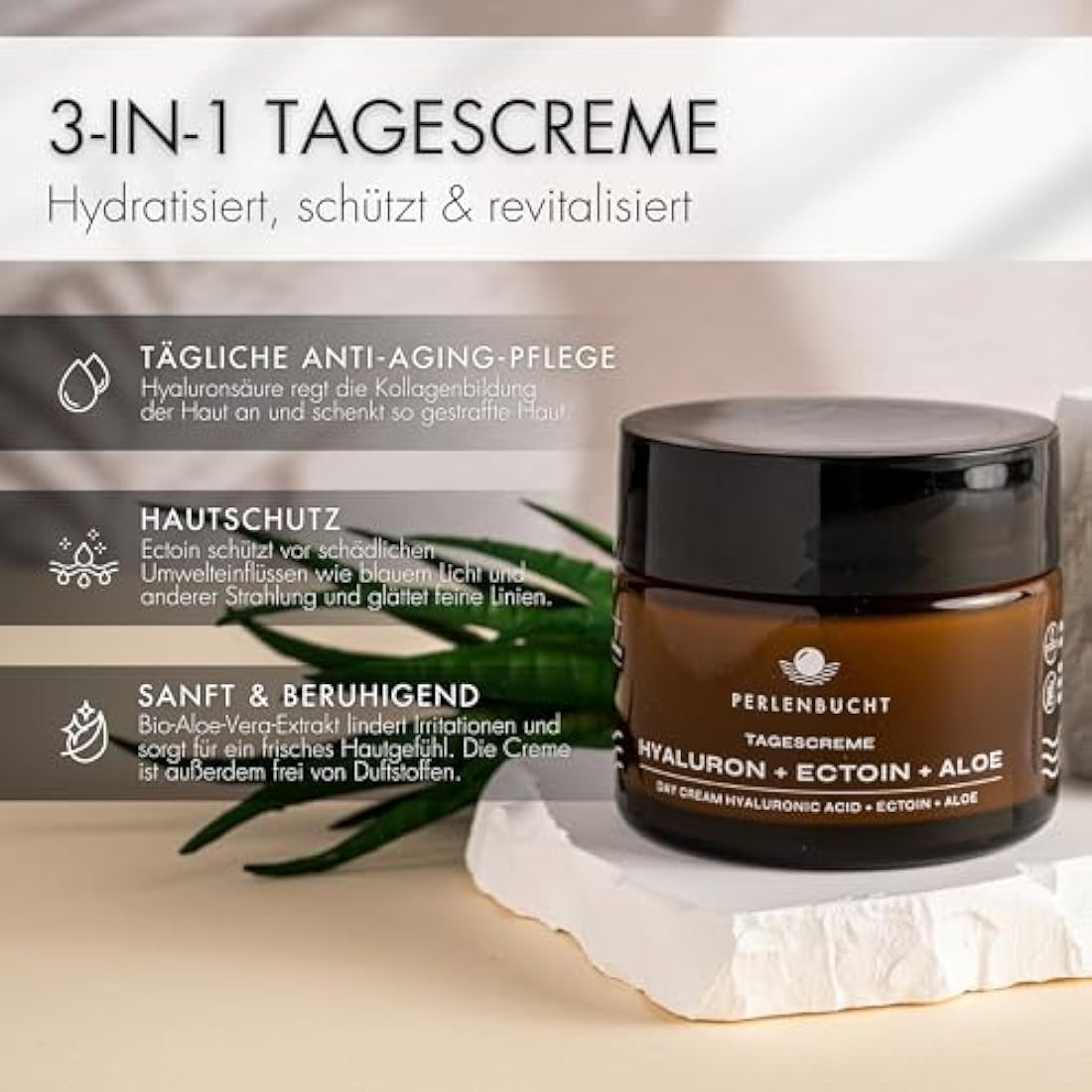 Day Cream Hyaluronic + Ectoin + Aloe | Anti-Ageing Cream Women Beauty Cream Moisturising Face Moisturising for Sensitive Skin | PERLENBUCHT