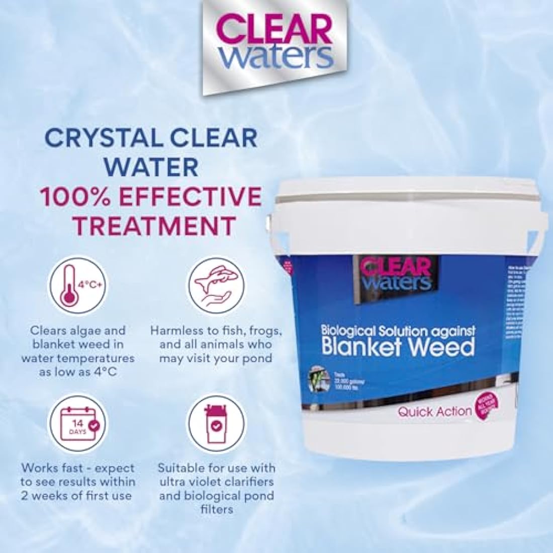 ClearWaters Blanket Weed Treatment for Ponds – 10L Bucket to Treat 100,000 L/Maintain 800,000 L– Quick Action Pond Weed Treament for Blanket Weed – Pond Cleaner Safe for Fish and Wildlife