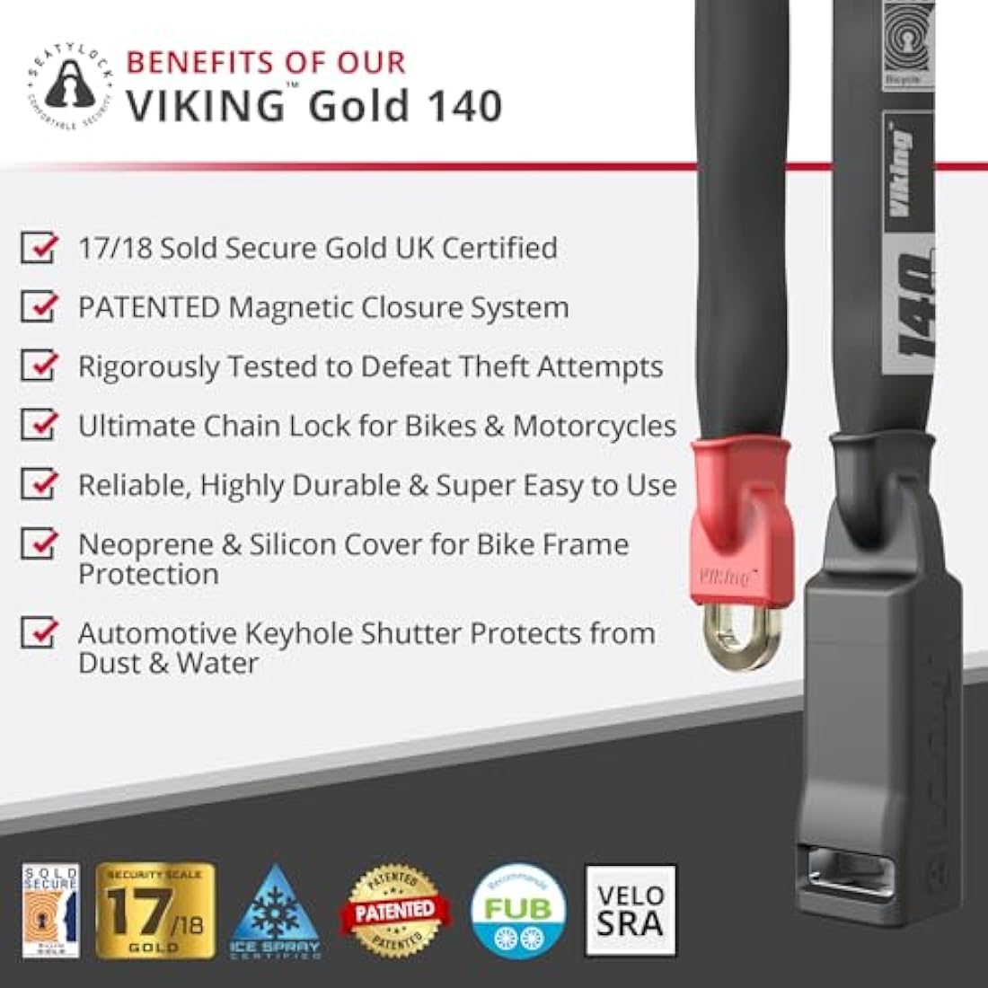 Seatylock Viking Bike Chain Lock with Key - Magnetic Patented Sold Secure Silver Rated - Heavy Duty Anti Theft - Smart Ultra Security Bicycle Lock (140 CM - 55.1")