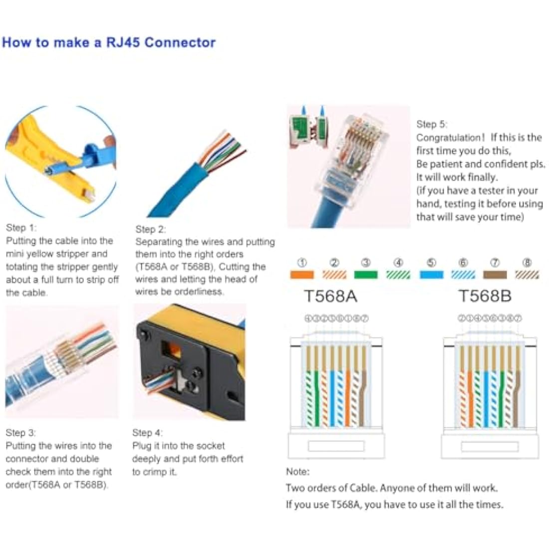RJ45 Crimping Tool Kit Rj45 Crimper Stripper Cutter All-in-One Pass Through Crimper for 8P RJ45 Cat5 Cat5e Cat6 Cat6a 6P RJ11/12 Telephone Connectors with 50Pcs Connectors 50Pcs Covers Mini Stripper