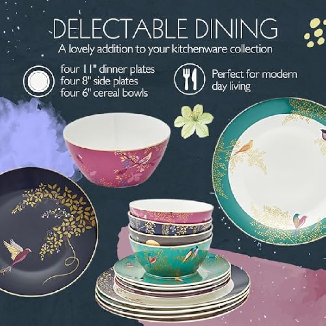 Sara Miller SMC79243-XD London Chelsea Collection 12 Piece Tableware Set, Porcelain, Gold,white