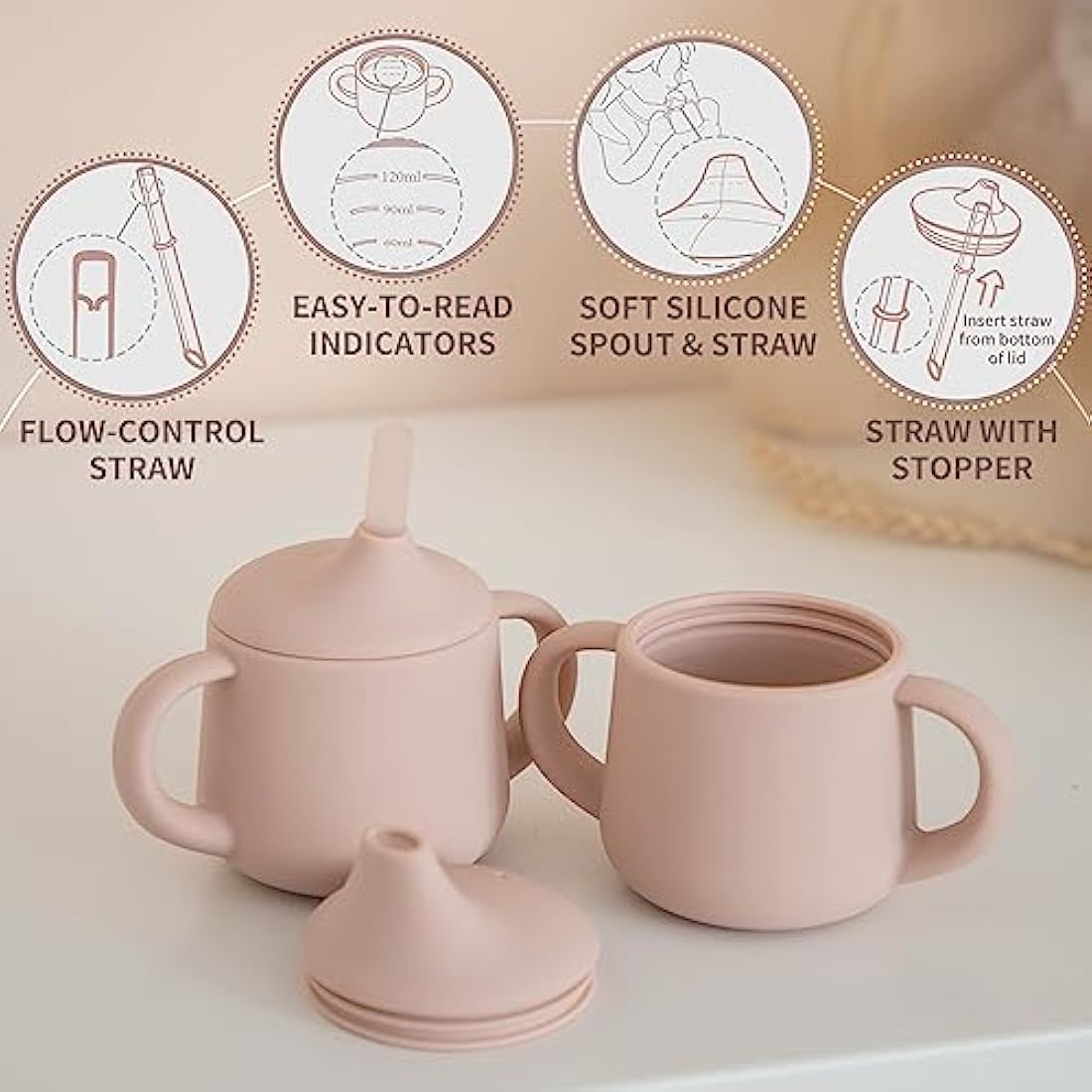 Moonkie Silicone Baby Sippy Cup 6+ Months with 2 Straws (Free Flow & Leak-Proof Valve) | 3 Stage Transition | Baby Water Bottle | BPA Free & Dishwasher Safe | 120ml(Blush)