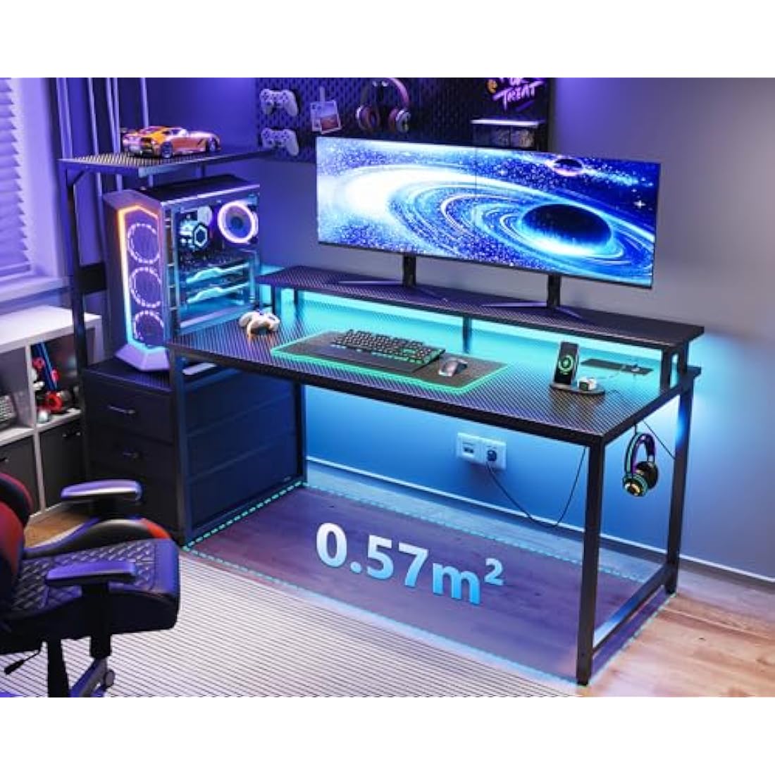 Coleshome 150×50 cm Gaming Desk with LED Lights & Power Outlet, Reversible Computer Desk with Drawers, Gaming Table with Storage & Monitor Stand, Carbon Fiber Black